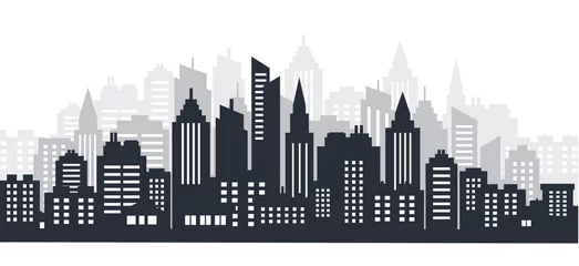 Photo sur Plexiglas Gris 2 Paysage de silhouette de ville. Paysage de la ville. Paysage du centre-ville avec de hauts gratte-ciel. Architecture panoramique Illustration des bâtiments du gouvernement. Vie urbaine