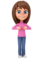 Cartoon character girl in a pink sweater shows two raised thumbs up. 3d render illustration.
