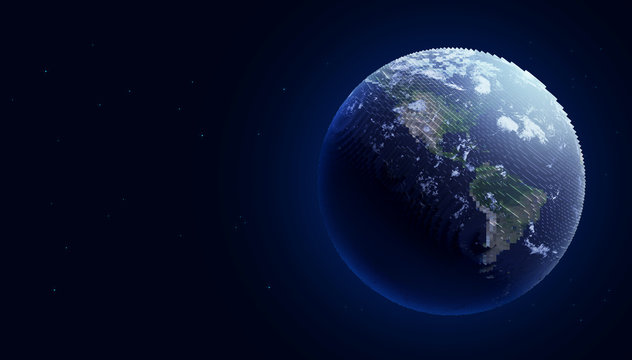 Pixelated Earth, 3D blocks planet, digital world abstract toy planet in space, aligned left. (Elements of this image furnished by NASA)
