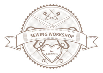 Sewing workshop editable vector button label.