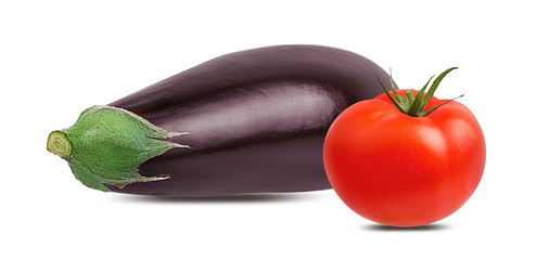 Fresh eggplant and tomato isolated on white background  with clipping path