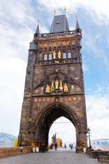 The famous attraction of Prague - Old Town Bridge Tower. The gate to the Charles bridge