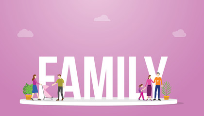 family big word with parents and child together with pink background and modern flat style - vector