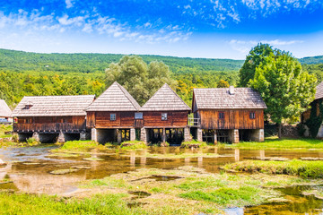 Croatia, region of Lika, Majerovo vrilo river source of Gacka, traditional village, old wooden mills and cottages