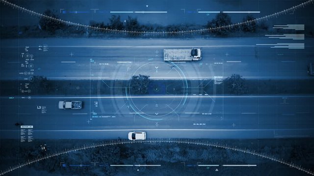 Aerial view scenic landscape of the road traffic and drone user interface with graph bar scale for cyber and futuristic concept with dark and grain processed