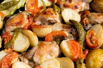 Tasty dinner on a dish. Fried chicken with vegetables. 