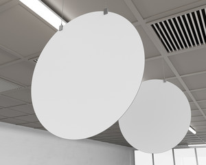 White Blank Banners Template. Circle Shape Hangers in Supermarket. 3D rendering