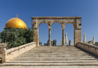 Dome of the Rock and the Arches of the Haram al Sharif on the Temple Mount in the Jerusalem old town, Israel.