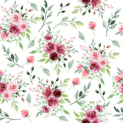 Fototapety  Seamless background, floral pattern with watercolor flowers pink and burgundy roses. Repeat fabric wallpaper print texture. Perfectly for wrapped paper, backdrop, frame or border. 