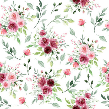 Seamless background, floral pattern with watercolor flowers pink and burgundy roses. Repeat fabric wallpaper print texture. Perfectly for wrapped paper, backdrop, frame or border. 