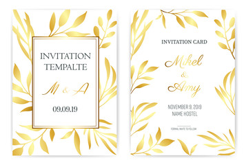 Leaves Gold Luxury style Invitation cards collection design. 