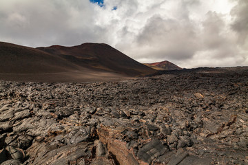 Rough surface of frozen lava after Mauna Loa volcano eruption, Hawaii, USA