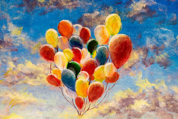 Hand painted Colorful balloons against blue sky and clouds modern oil painting on canvas art artwork © weris7554