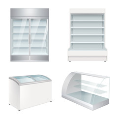 Market refrigerators. Empty commercial equipment showcase for store vector realistic refrigerators. Market refrigerator for shop and supermarket, empty equipment for safe food illustration