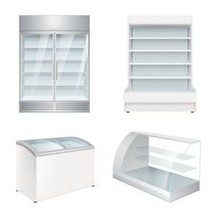 Market refrigerators. Empty commercial equipment showcase for store vector realistic refrigerators. Market refrigerator for shop and supermarket, empty equipment for safe food illustration © ONYXprj