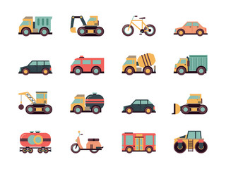 Transport flat icon. Transportation symbols different automobiles public vehicle vector machines colored icon collection. Illustration automobile and machine, motor and bicycle, train and bulldozer