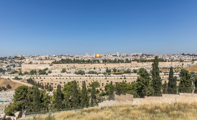Fototapeta na wymiar Jerusalem old city viewed from the Mount of Olives, Jerusalem, Israel. Temple Mount and Dome of the Rock can be seen.