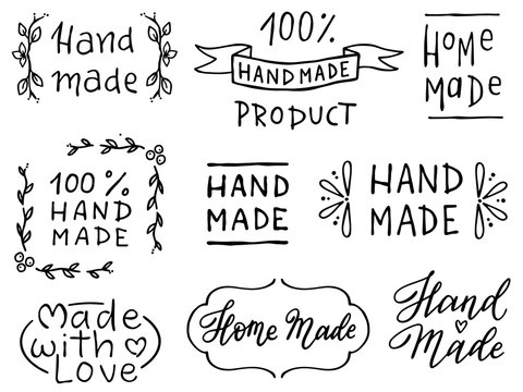 Set of hand drawn simple phrases home made and hand made. Prints for menu, restaurants or cafe, stamps or as separate elements. Ink, pen outline, black and white vectors.