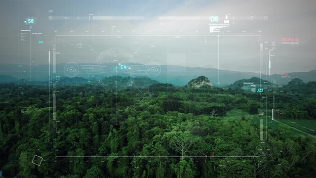 Aerial view scenic landscape of the forest and drone user interface with graph bar scale for cyber and futuristic concept with dark and grain processed