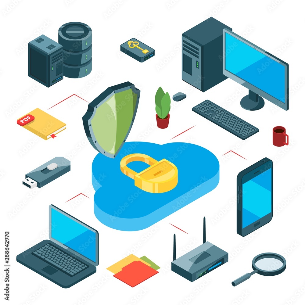 Poster secure cloud storage. isometric data storage vector concept. information transfer, internet and loca