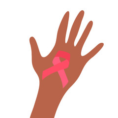Obraz premium Cancer ribbon in girls hand. Cancer awareness month. Vector illustration.