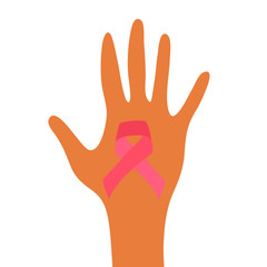 Cancer ribbon in girls hand. Cancer awareness month. Vector illustration.