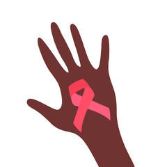 Cancer ribbon in girls hand. Cancer awareness month. Vector illustration.