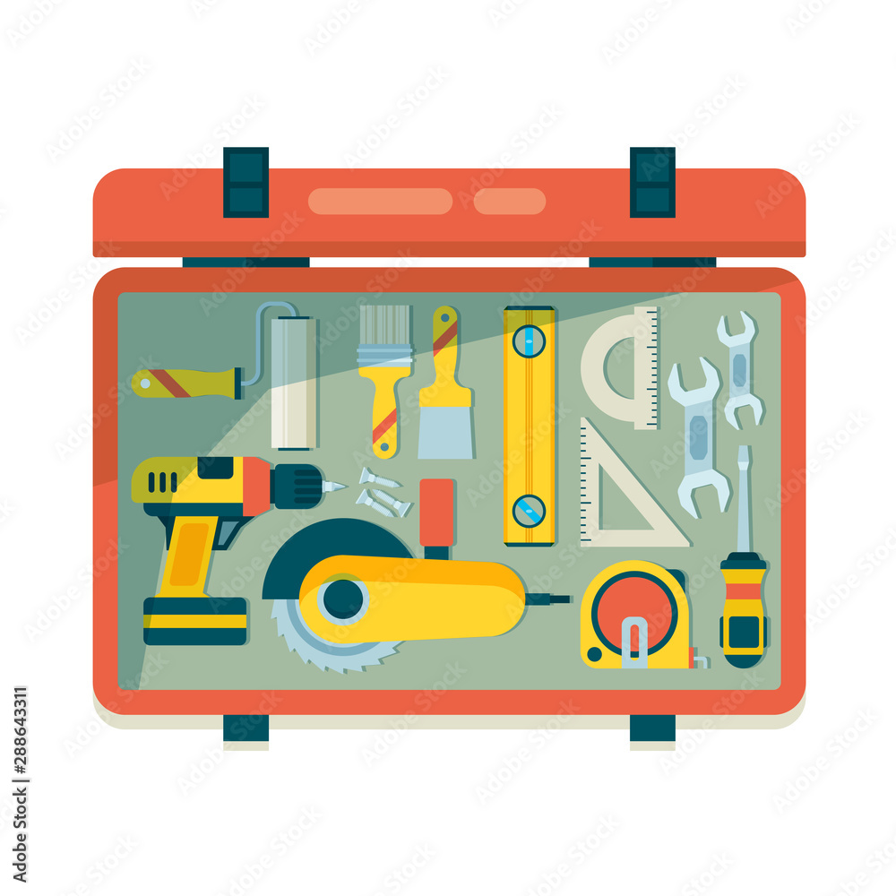 Wall mural Instrument toolbox. Repair equipment for workers carpenter items with saw hammer roulette vector construction tools. Toolbox with tools and equipment, instrument for construction repair illustration