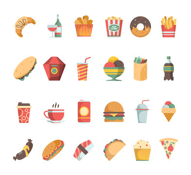 Fast food icons. Junk food sandwich hamburger coffee fried potatoes beverage vector flat pictures. Illustration hamburger and sandwich, burger and drink beverage, coffee and meal