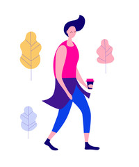 Man with coffee walking on the street. Flat cartoon character isolated on white background. Vector illustration..