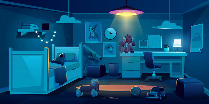 Child bedroom for boy at night, dark empty kid room interior design with bed, table, glowing ufo lamp, telescope Schoolboy or preschooler home place with furniture and toys Cartoon vector illustration