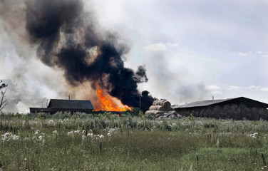 fire in a rustic haystack