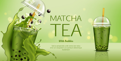 Matcha green tea with bubbles and ice cubes mock up banner. Cold drink splashing in takeaway plastic cup with cap and straw. Healthy beverage advertising for cafe. Realistic 3d vector illustration