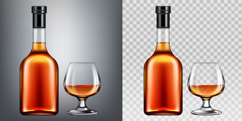 Brandy bottle and glass isolated clip art. Closed blank flask with strong alcohol drink mock up on dark and transparent background, design elements for advertising. Realistic 3d vector illustration