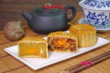Moon cake for Mid autumn festival (Zhongqiujie or Zhongqiu festival) , Retro vintage style of Chinese traditional food and dessert. (Moon cake is call 