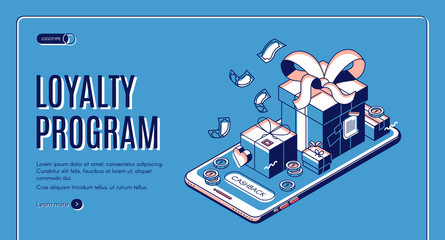 Loyalty program isometric web banner. Gift boxes lying on giant smartphone with cashback button. Online shopping promotion offers for regular customers. 3d vector retro colored landing page, line art