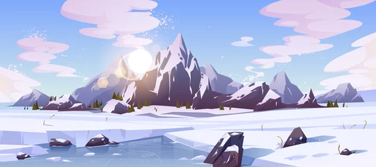 Zelfklevend Fotobehang Cold winter in Canada, wild northern nature rocky landscape cartoon vector background with morning sun rising over mountains snowy peaks, field of snow, frozen, ice-bound river or lake illustration © vectorpouch