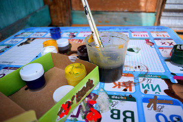 watercolor paints and paint brushes