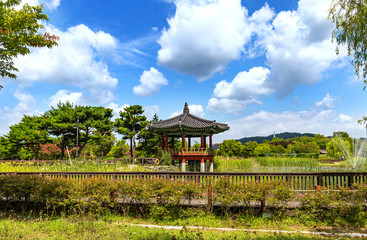 Fototapeta na wymiar A view of korean style garden park, bule sky, cloudy background, in Daejeon korea