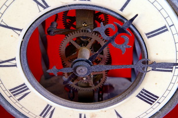 old metal dusty mechanical clock with moving gears and screws. Brass cog wheels, Close view of old rusty clock mechanism with gears and cogs. Element of design. pendulum clock