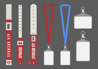 Badge mockup. Red cards lanyard bracelets for ID. Vector entrance keys for events. Identity card authentication, organization backstage to conference pass illustration - obrazy, fototapety, plakaty