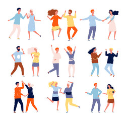 Fototapeta na wymiar Dancing couples. Funny people male and female crowd dancing tango salsa chacha vector happy characters collection. Woman and man happy dance together, disco party illustration