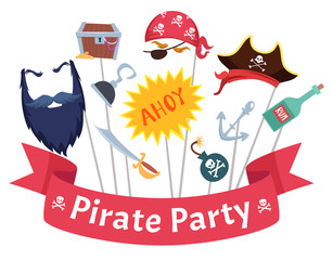 Party mask. Pirate hats beard hairs hook bandanas mascarade costumes vector collection. Mask photobooth, beard pirate, saber and hat illustration