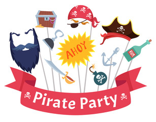 Party mask. Pirate hats beard hairs hook bandanas mascarade costumes vector collection. Mask photobooth, beard pirate, saber and hat illustration © ONYXprj