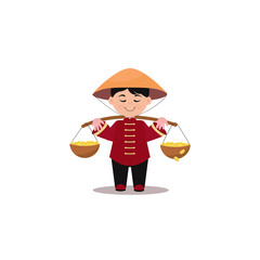 Cute boy with gold coins. Children carrying gold. Kid personality in colourful chinese  costume.  Vector Illustration can use for kids decor, print, card, sticker kit