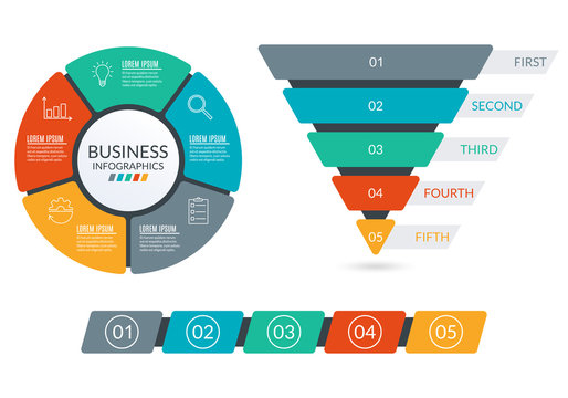 Infographic design elements with circle diagram, Sales and marketing funnel or Business pyramid, Timeline infographics with 5 steps option or levels. Vector illustration.