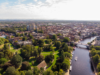 Aerial photo of the town of York located in North East England and founded by the ancient Romans, the photo shows the main town centre along the river.