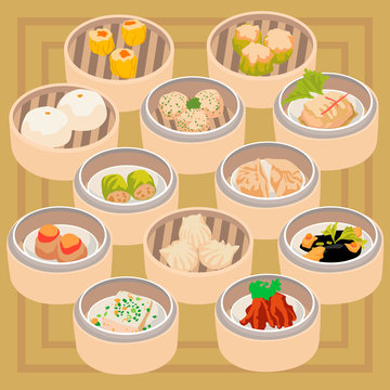 Cute Dimsum Set on Brown Background