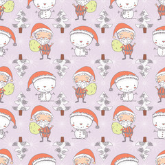 Cute Christmas pattern with Santa Claus, snowman, and Christmas tree on flower or star textured background. Vector Christmas background for kids.
