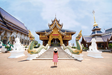 Naklejka premium Woman tourist is travel inside Wat Ban Den in Chiangmai, Thailand.
